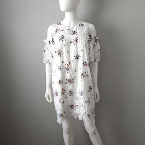 LOFT Eyelet Babydoll Dress With Exposed Shoulder, White With Floral Pattern Sz S